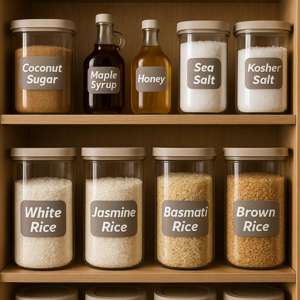 Round pantry staples sticker labels in minimalist design, ideal for organizing kitchen containers and dry goods
