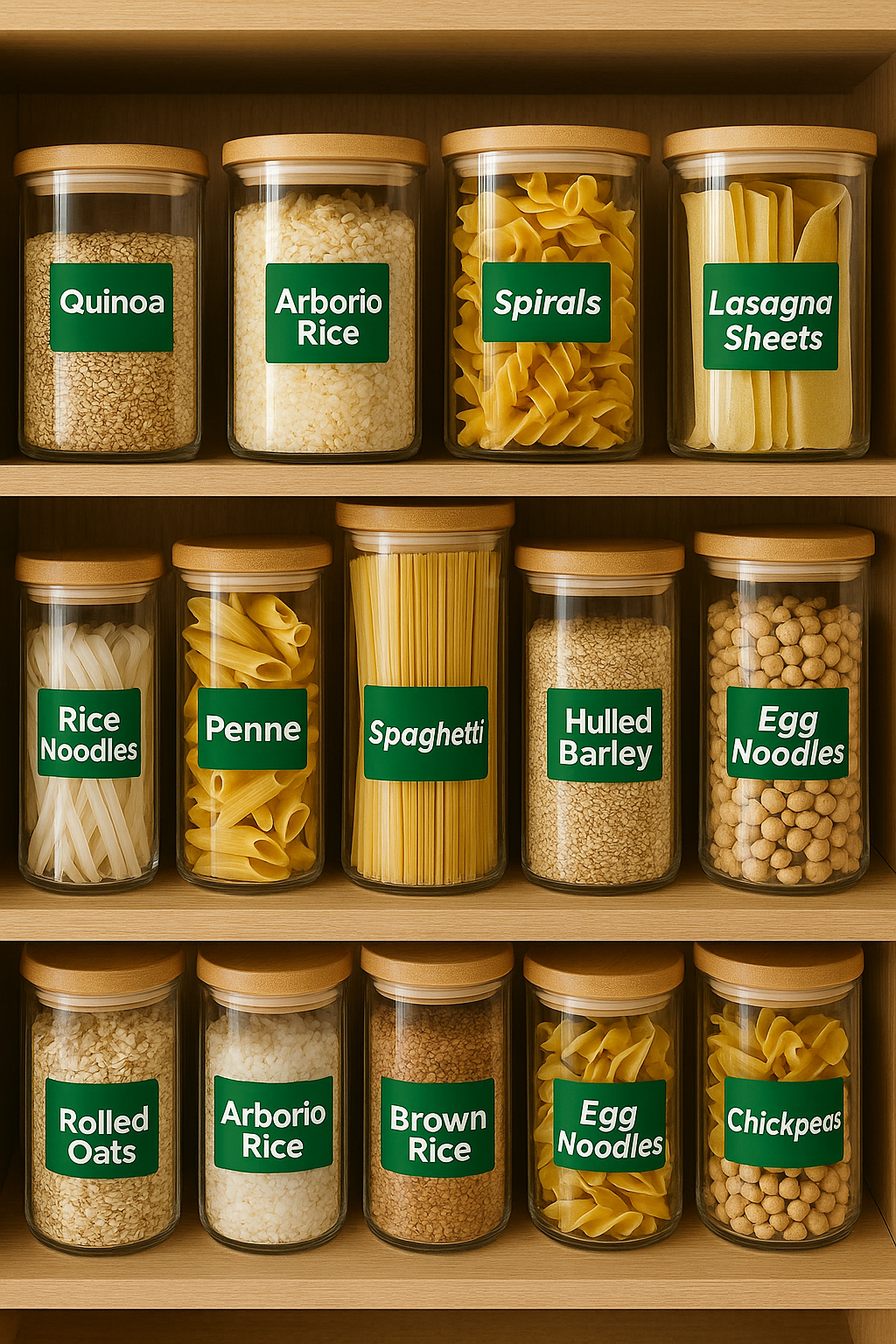 Round pantry staples sticker labels in minimalist design, ideal for organizing kitchen containers and dry goods