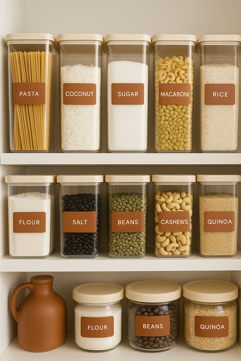 Round pantry staples sticker labels in minimalist design, ideal for organizing kitchen containers and dry goods