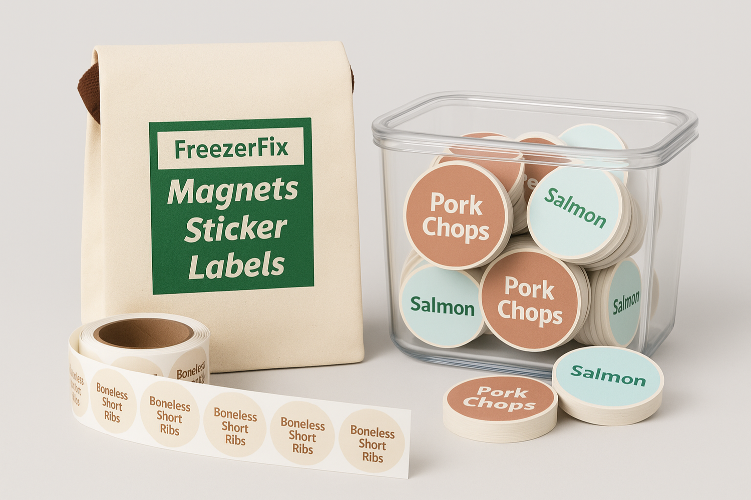 FreezerFix storage set featuring a beige canvas bag labeled ‘Magnets Sticker Labels,’ a clear container filled with round food labels for Pork Chops and Salmon, and a roll of Boneless Short Ribs stickers displayed on a light background