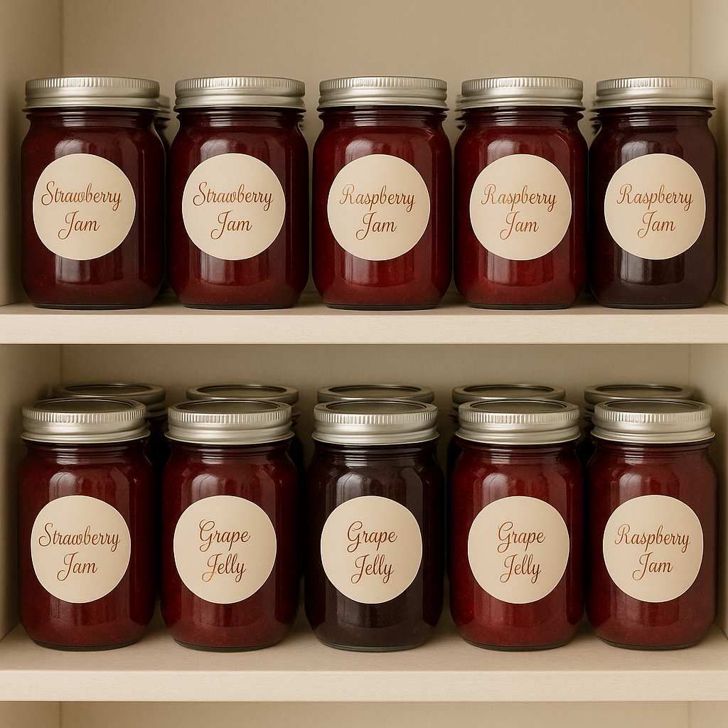 Pantry shelves with labeled jars and bottles, showcasing jams, preserves, and sauces in three stylish color themes