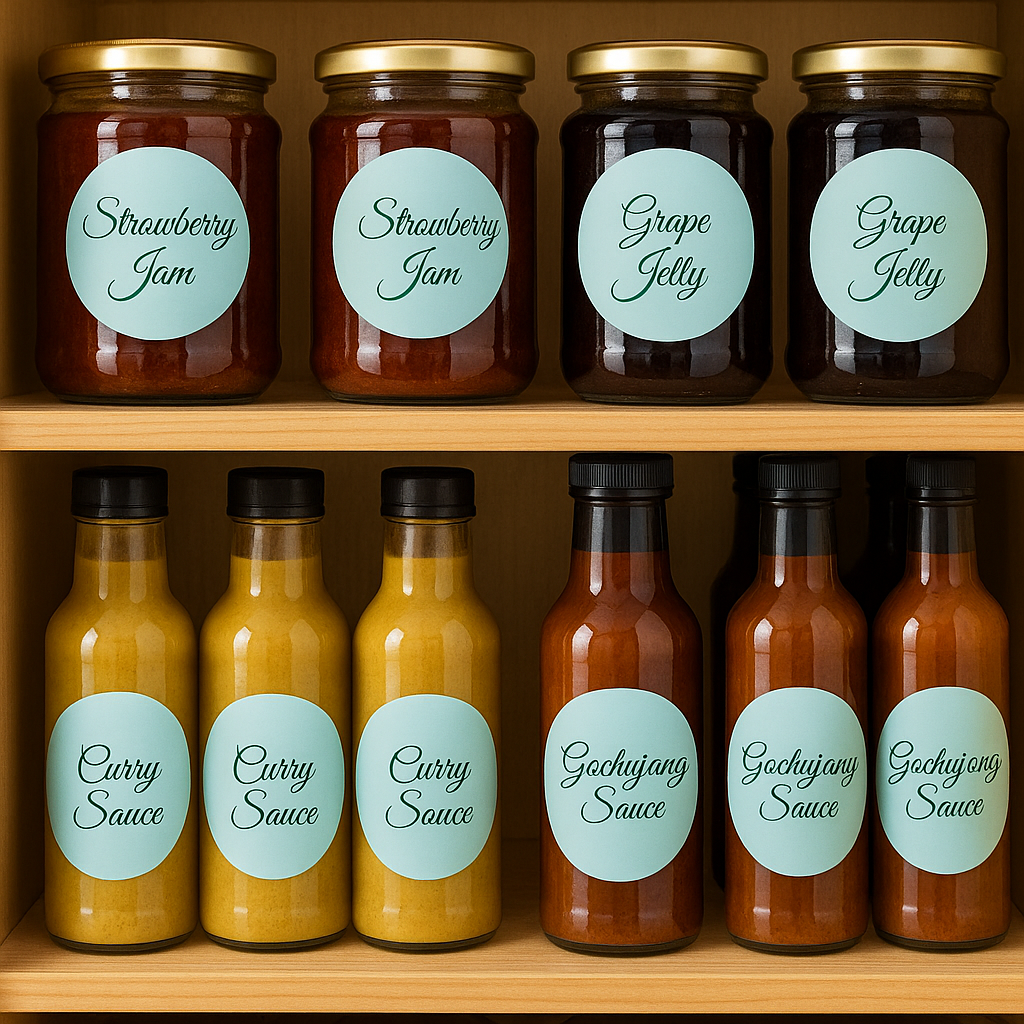 Set of jams, preserves, and sauces labeled in terracotta, sage, and ivory color schemes for pantry organization