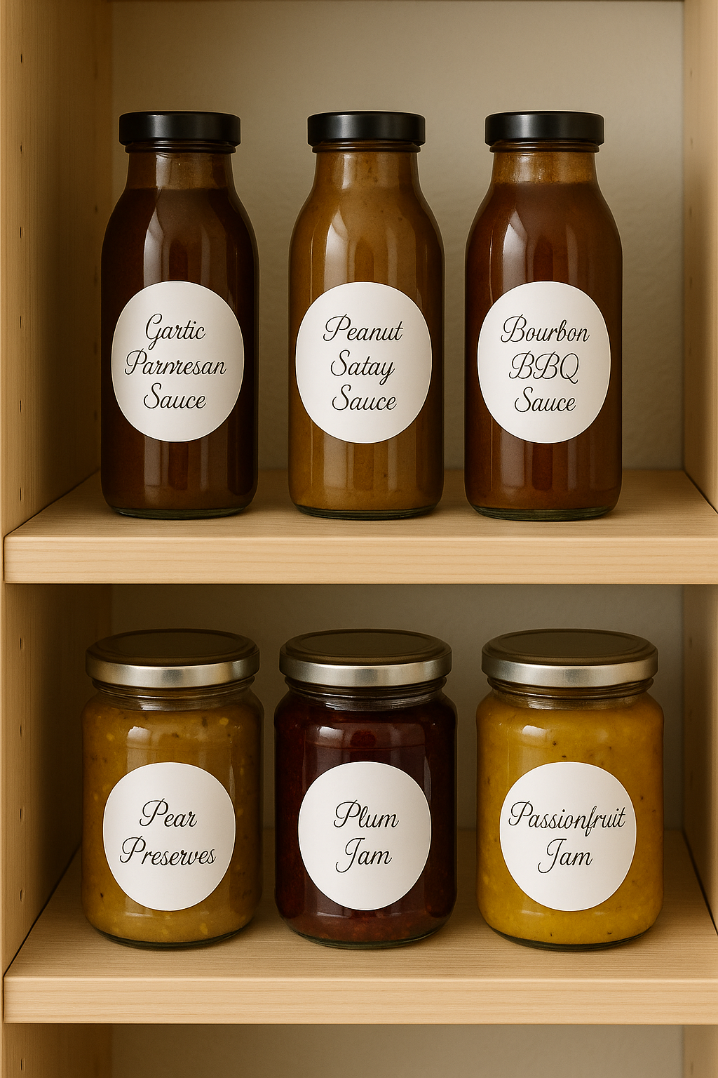 Modern Eco friendly pantry organization with sauces and preserves labeled for clarity and style in matching themes