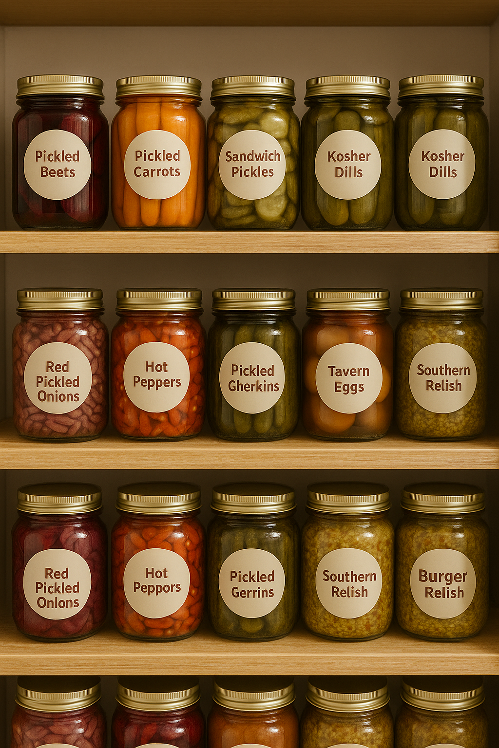Organized pantry showcasing pickled vegetables in glass jars with Terracotta Dawn labels — pickled beets, carrots, hot peppers, and onions neatly arranged.