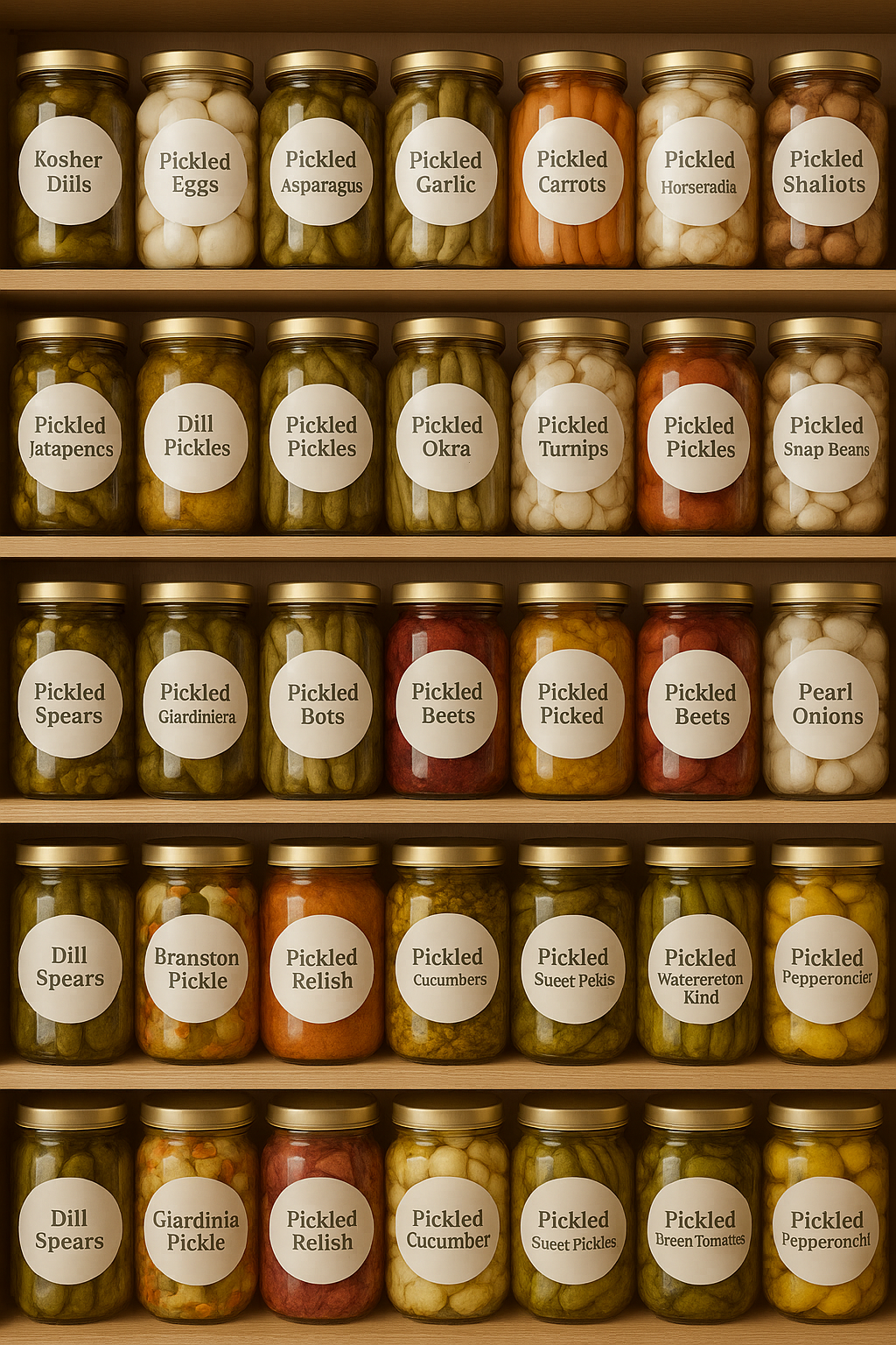 Pantry shelf with jars of pickled beets, carrots, hot peppers, and red onions, each labeled with ivory sands round stickers in matching color scheme.