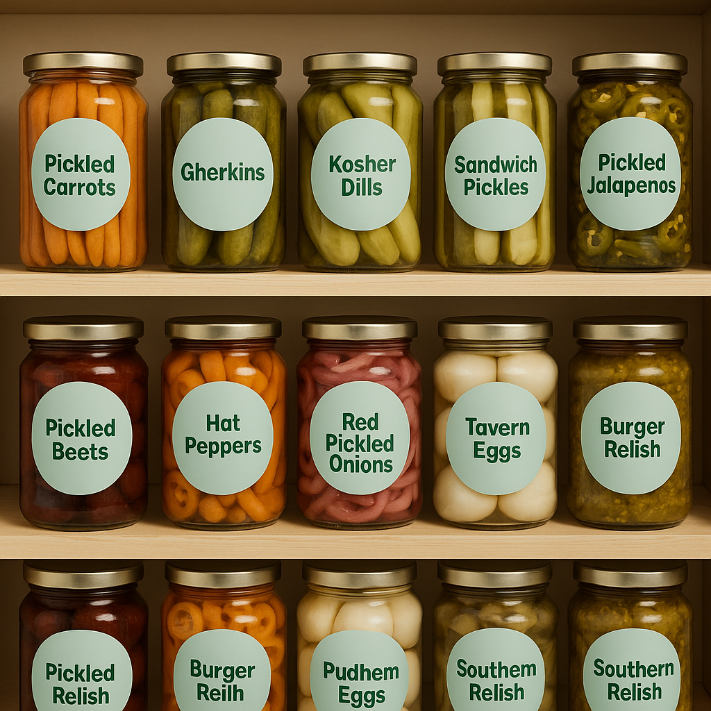 Stylish pantry organization with circular sage evergreen pickled labels on jars of beets, carrots, peppers, and onions.