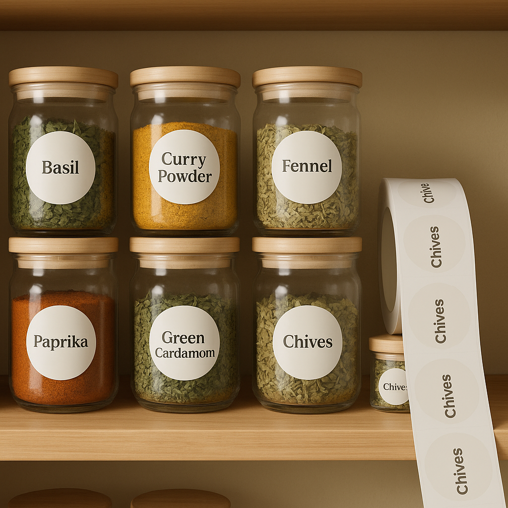 Ivory Sands Herbs & Spices Labels on Pantry Jars – Elegant spice jars organized with ivory-colored round labels featuring herbs like “Fennel Seed,” “Green Cardamom,” and “Chives.”