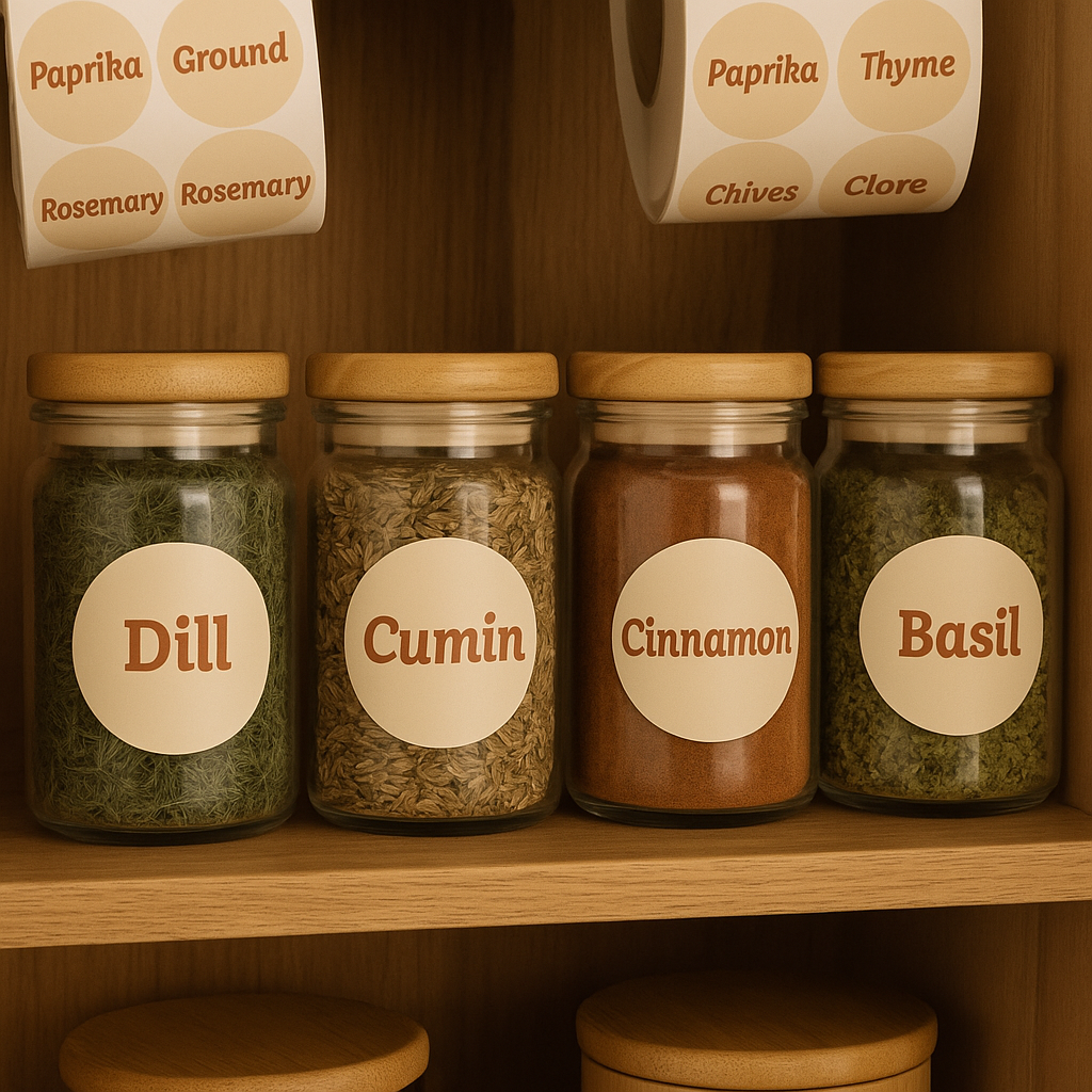 Terracotta Dawn Herbs & Spices Labels on Pantry Jars – A warm-toned pantry shelf showcasing terracotta-style circular stickers for spices such as “Basil,” “Cinnamon,” and “Paprika.”