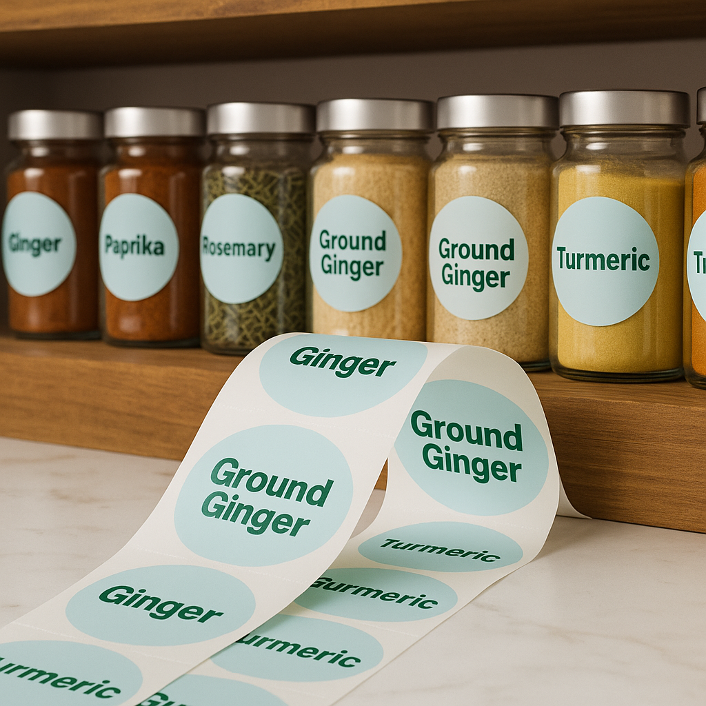 Sage Evergreen Mist Herbs & Spices Labels on Pantry Jars – A set of pantry spice jars neatly labeled with sage green circular stickers reading “Turmeric,” “Rosemary,” “Ginger,” and “Ground Ginger.”