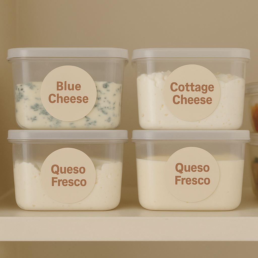 Four glass jars with ivory round labels reading “Hummus,” “Oaxaca,” “Queso Dip,” and “Cream Cheese,” neatly arranged on a light wooden pantry shelf.
