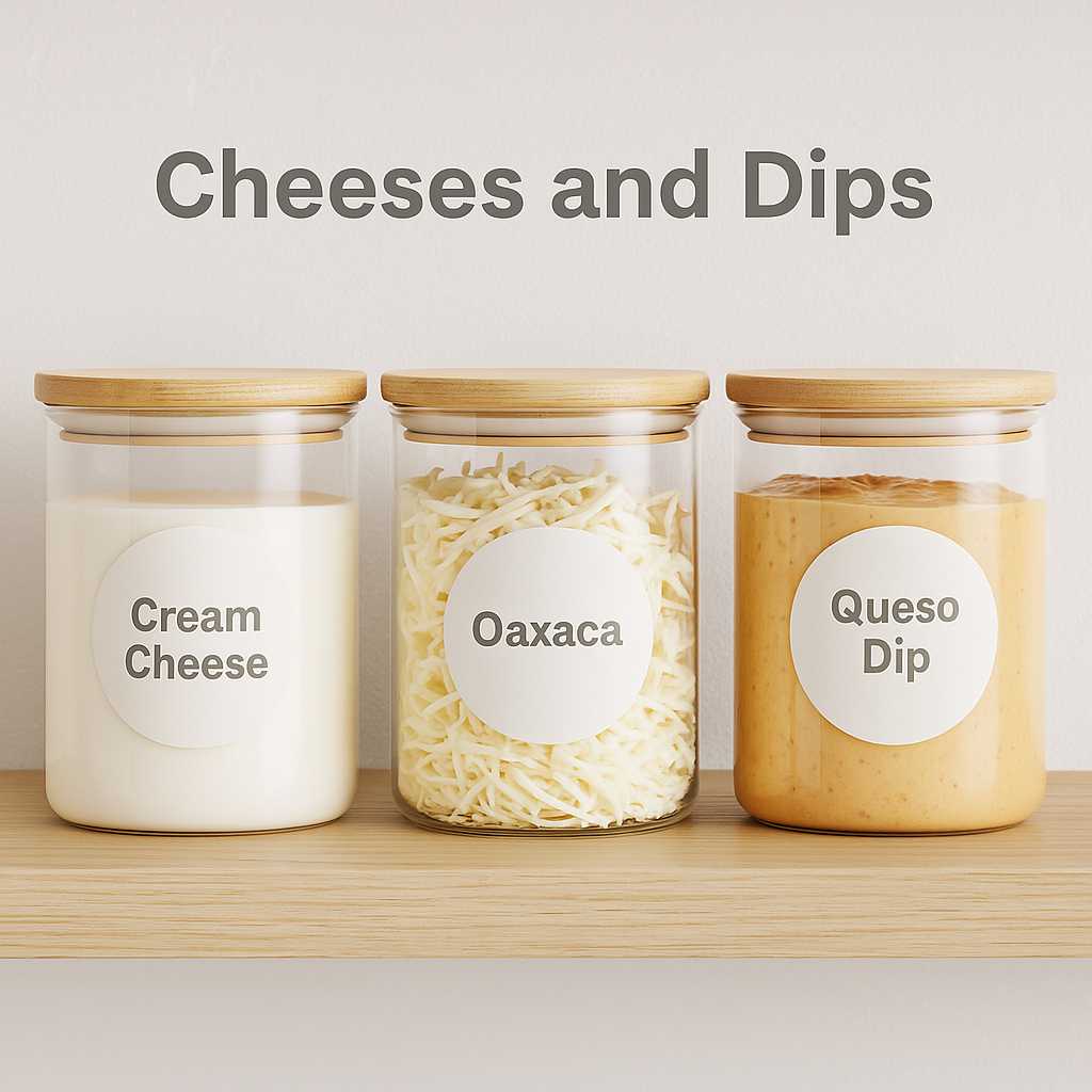Four glass jars with ivory round labels reading “Hummus,” “Oaxaca,” “Queso Dip,” and “Cream Cheese,” neatly arranged on a light wooden pantry shelf.