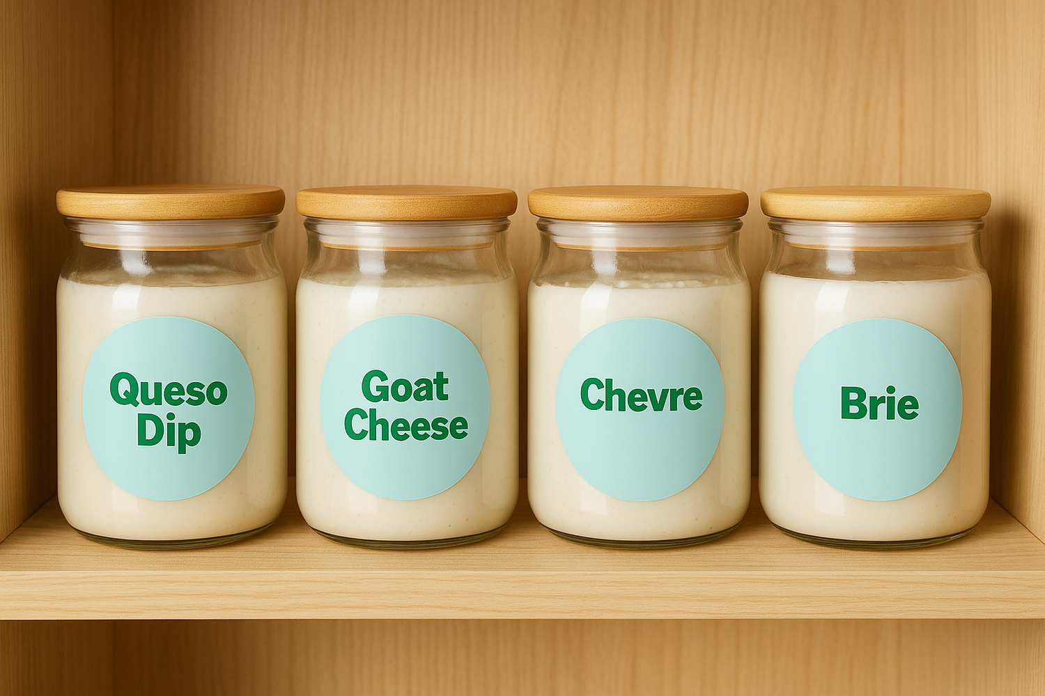 Four glass jars with sage green circular labels for Queso Dip, Goat Cheese, Chevre, and Brie, neatly arranged on a shelf.