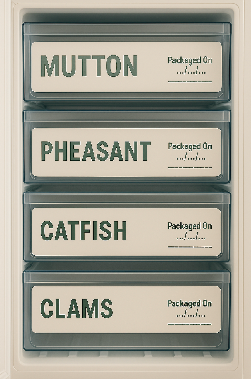 Terracotta Dawn – Freezer label for freezer drawers for hand packed meats to prevent mix-ups when frozen, clearly marked with packaged dates